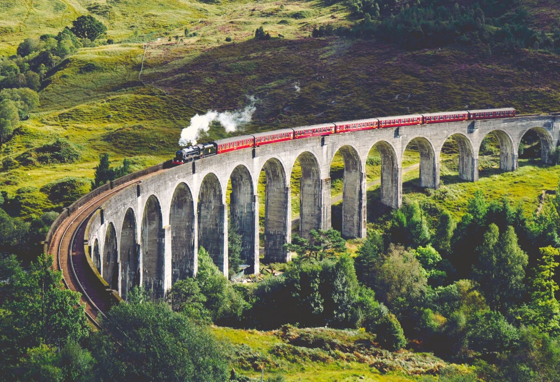 Jacobite steam train crossing the Glenfinnan Viaduct